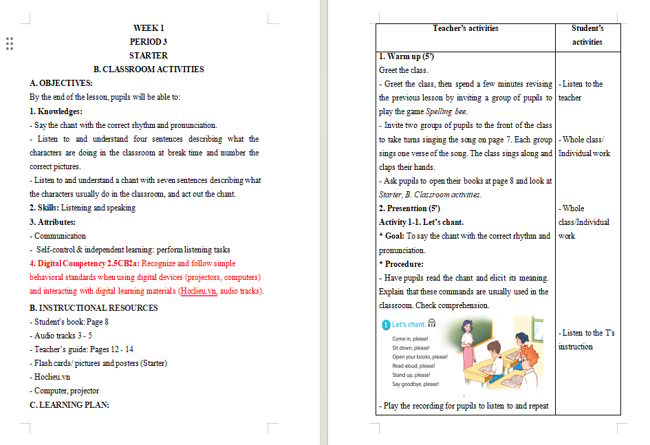 Giáo án tích hợp NLS Tiếng Anh 4 Starter: Classroom Activities