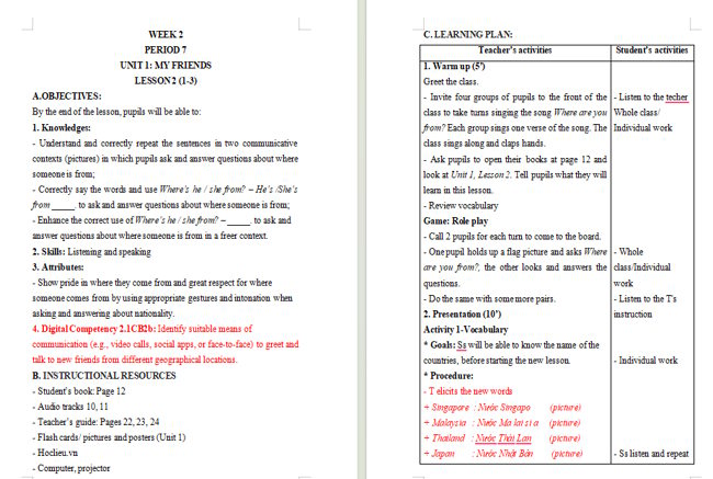 Giáo án tích hợp NLS Tiếng Anh 4 Unit 1: Lesson 2