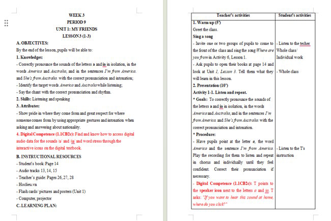 Giáo án tích hợp NLS Tiếng Anh 4 Unit 1: Lesson 3