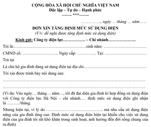 Mẫu đơn xin tăng định mức sử dụng điện