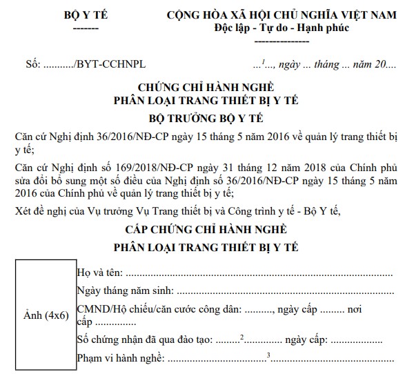 Mẫu chứng chỉ hành nghề phân loại trang thiết bị y tế