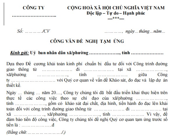 Mẫu công văn đề nghị tạm ứng kinh phí