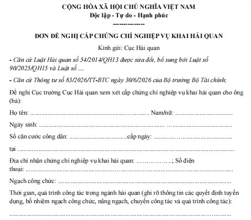 Mẫu đơn đề nghị cấp chứng chỉ nghiệp vụ khai hải quan