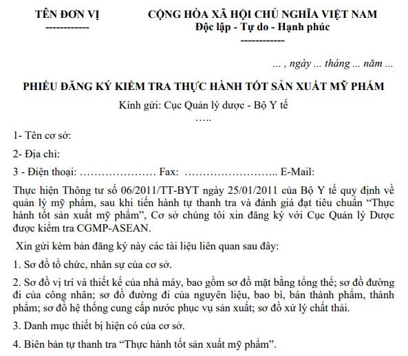 Mẫu phiếu đăng ký kiểm tra thực hành tốt sản xuất mỹ phẩm