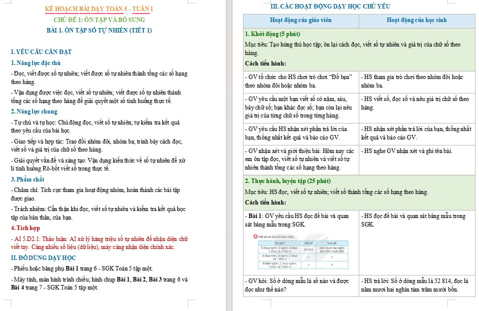 Kế hoạch bài dạy Toán 5 Bài 1 NLS