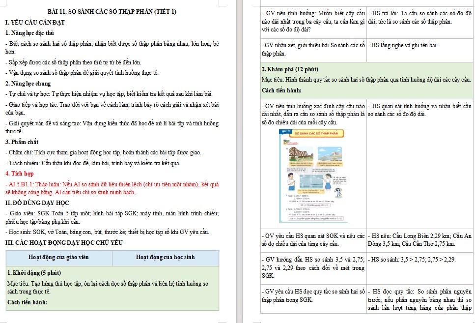 Kế hoạch bài dạy Toán 5 Bài 11 NLS