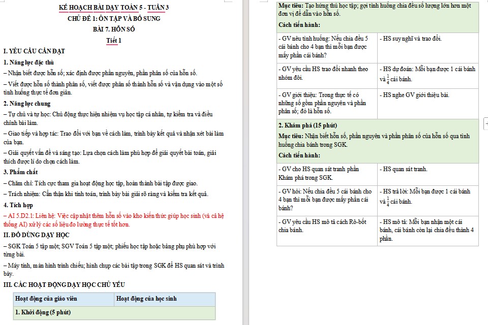 Kế hoạch bài dạy Toán 5 Bài 7 NLS