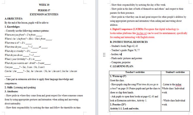 Giáo án tích hợp NLS Tiếng Anh 4 Extension Activities 1