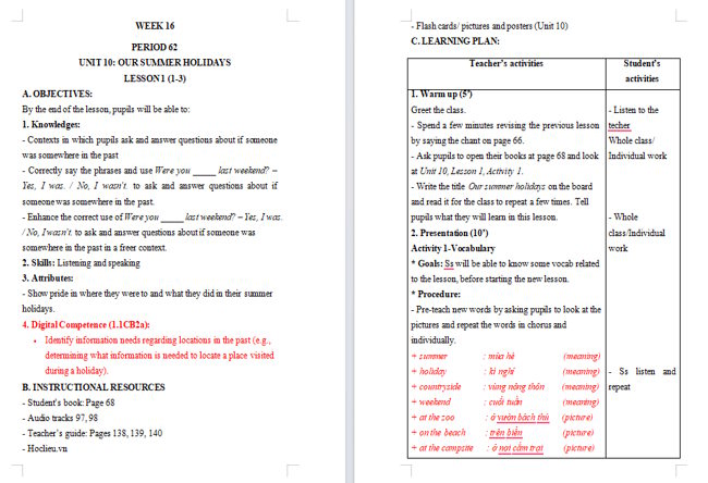 Giáo án tích hợp NLS Tiếng Anh 4 Unit 10: Lesson 1