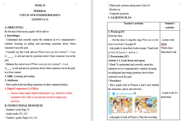 Giáo án tích hợp NLS Tiếng Anh 4 Unit 10: Lesson 2