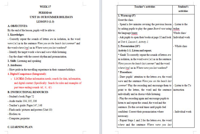 Giáo án tích hợp NLS Tiếng Anh 4 Unit 10: Lesson 3