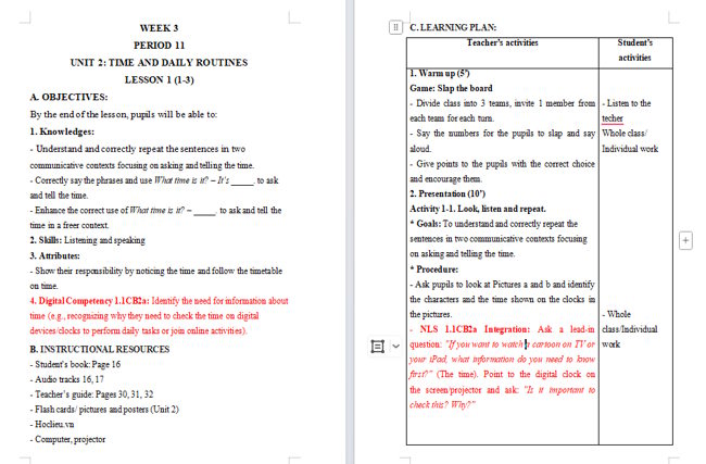 Giáo án tích hợp NLS Tiếng Anh 4 Unit 2: Lesson 1