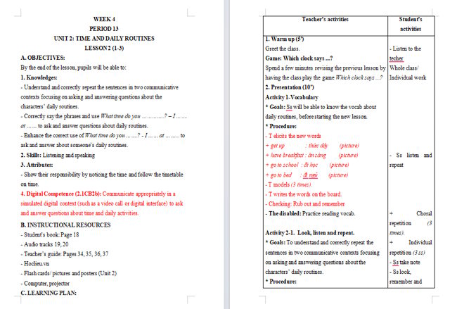 Giáo án tích hợp NLS Tiếng Anh 4 Unit 2: Lesson 2