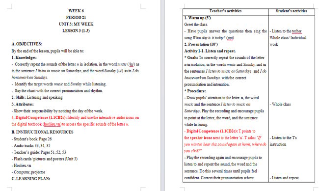 Giáo án tích hợp NLS Tiếng Anh 4 Unit 3: Lesson 3