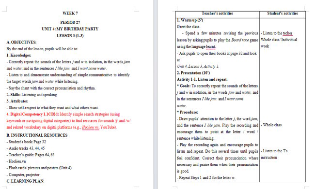 Giáo án tích hợp NLS Tiếng Anh 4 Unit 4: Lesson 3