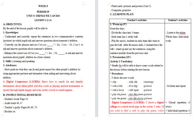 Giáo án tích hợp NLS Tiếng Anh 4 Unit 5: Lesson 1