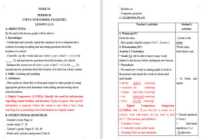Giáo án tích hợp NLS Tiếng Anh 4 Unit 6: Lesson 1