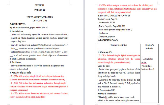Giáo án tích hợp NLS Tiếng Anh 4 Unit 7: Lesson 1
