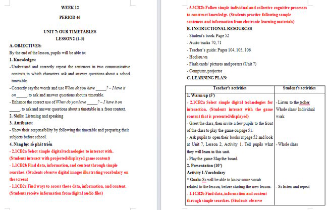 Giáo án tích hợp NLS Tiếng Anh 4 Unit 7: Lesson 2