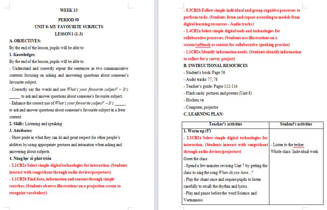 Giáo án tích hợp NLS Tiếng Anh 4 Unit 8: Lesson 1