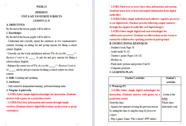 Giáo án tích hợp NLS Tiếng Anh 4 Unit 8: Lesson 2