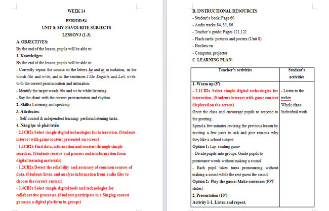 Giáo án tích hợp NLS Tiếng Anh 4 Unit 8: Lesson 3