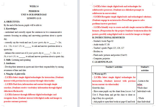 Giáo án tích hợp NLS Tiếng Anh 4 Unit 9: Lesson 1