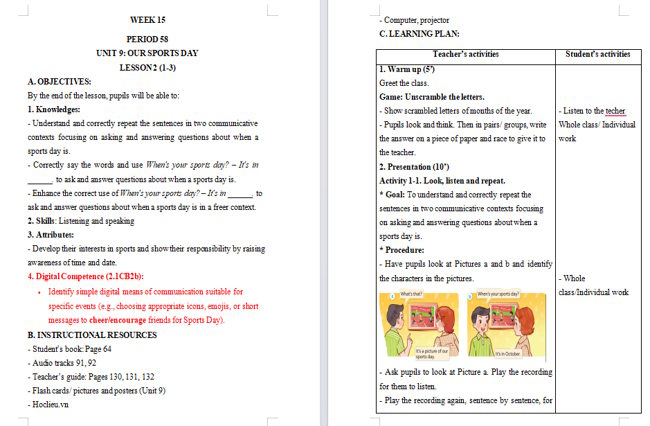 Giáo án tích hợp NLS Tiếng Anh 4 Unit 9: Lesson 2