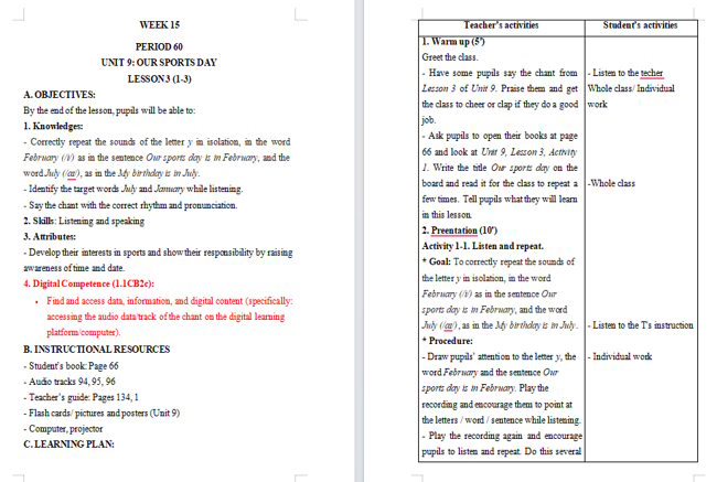 Giáo án tích hợp NLS Tiếng Anh 4 Unit 9: Lesson 3