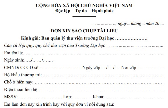 Mẫu đơn xin sao chụp tài liệu