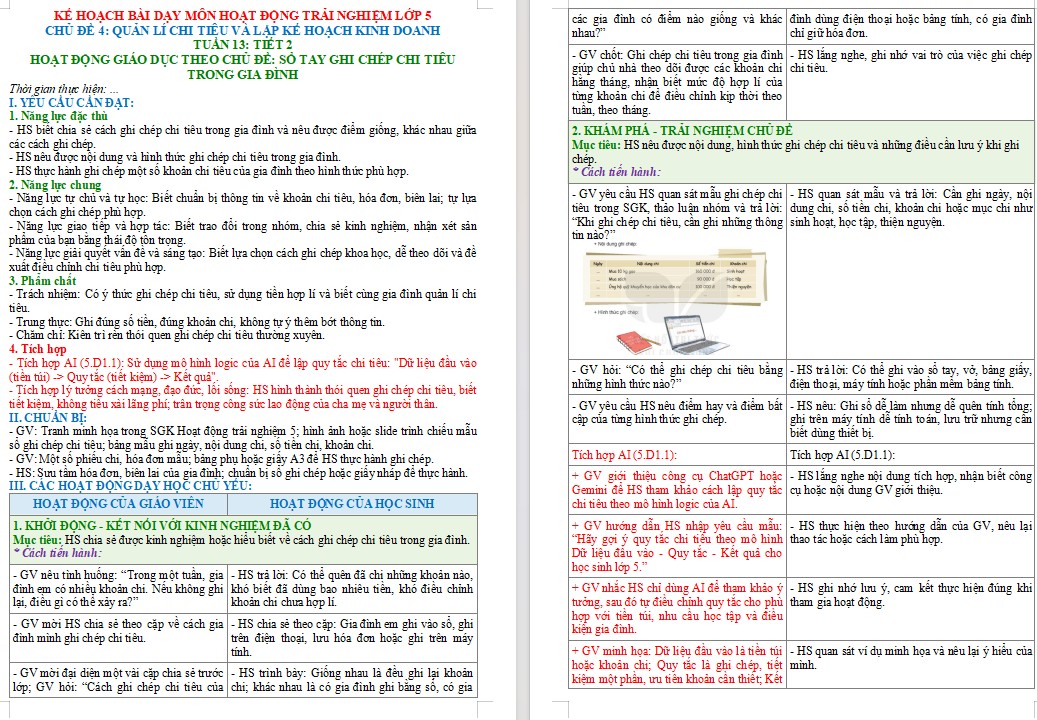 Kế hoạch bài dạy Hoạt động trải nghiệm 5 Tuần 13 NLS, AI