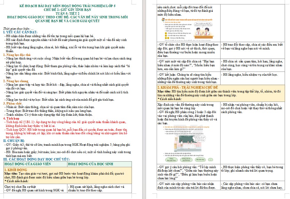 Kế hoạch bài dạy Hoạt động trải nghiệm 5 Tuần 5 NLS, AI