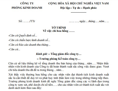 Mẫu tờ trình chi hoa hồng
