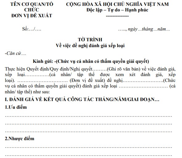 Mẫu tờ trình đề nghị đánh giá xếp loại