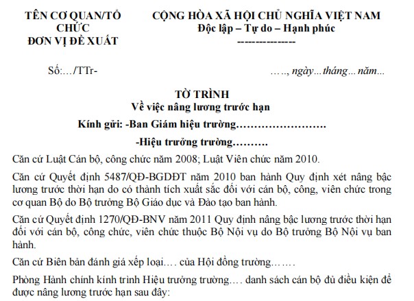 Mẫu tờ trình nâng lương trước hạn