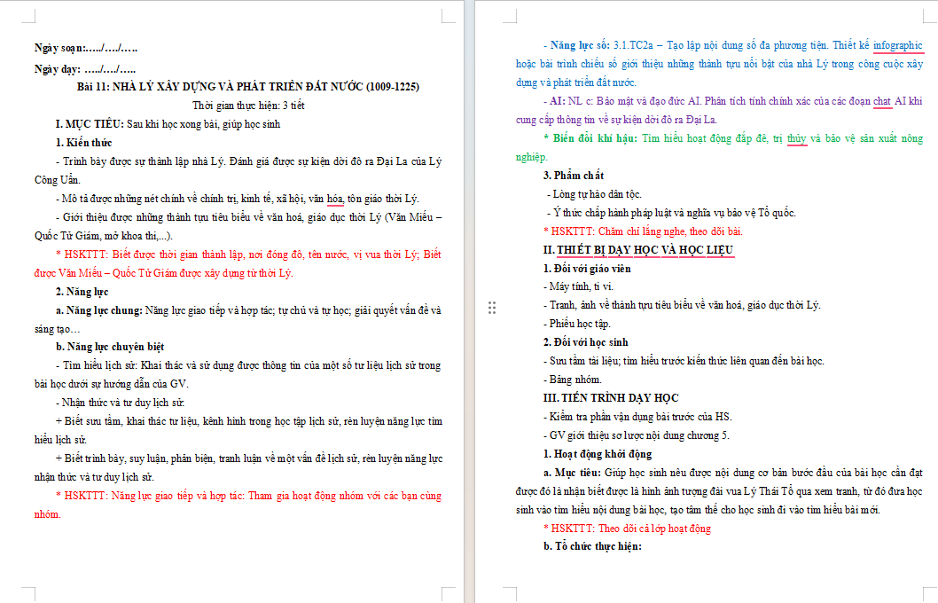 Giáo án tích hợp Năng lực số, AI Lịch sử 7 Bài 11
