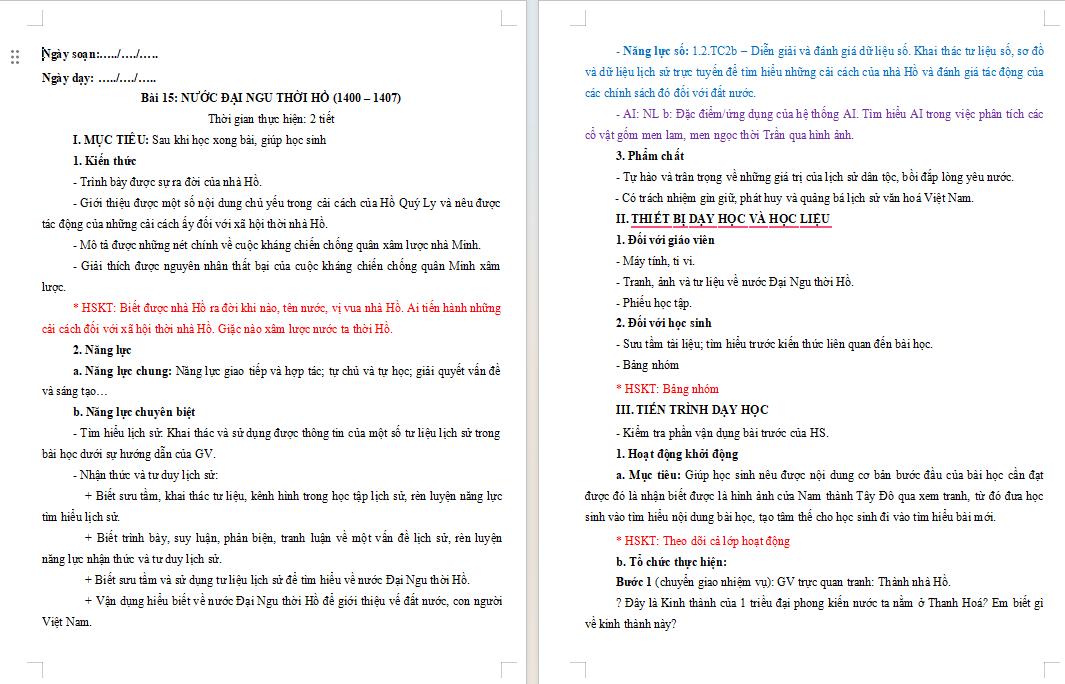 Giáo án tích hợp Năng lực số, AI Lịch sử 7 Bài 15