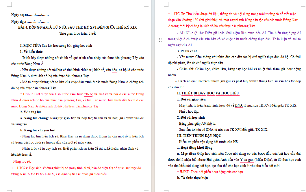 Giáo án tích hợp Năng lực số, AI Lịch sử 8 Bài 4