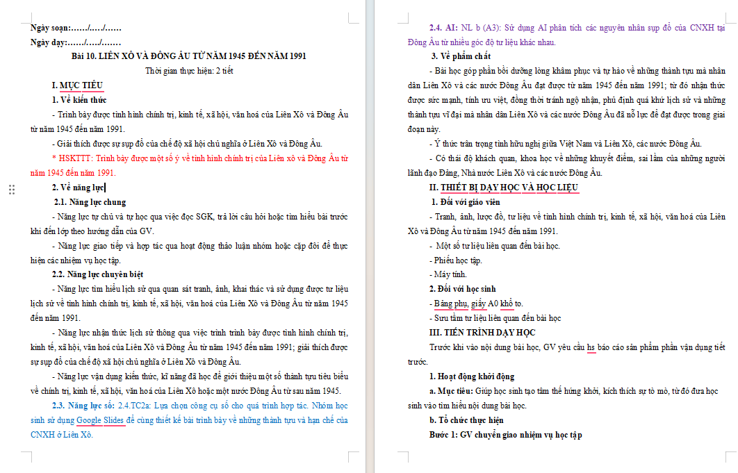 Giáo án tích hợp Năng lực số, AI Lịch sử 9 Bài 2