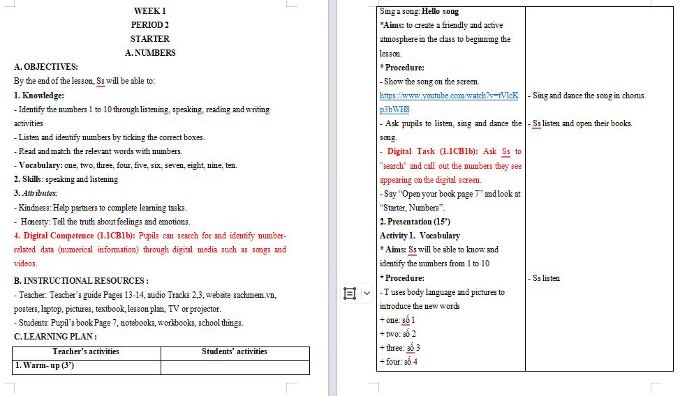 Giáo án tích hợp NLS Tiếng Anh 3 Starter: Numbers