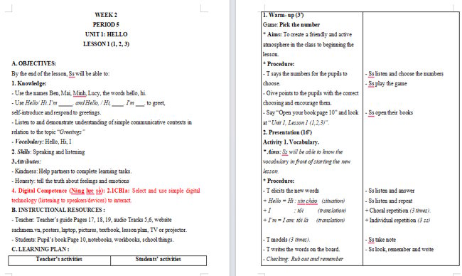 Giáo án tích hợp NLS Tiếng Anh 3 Unit 1: Lesson 1