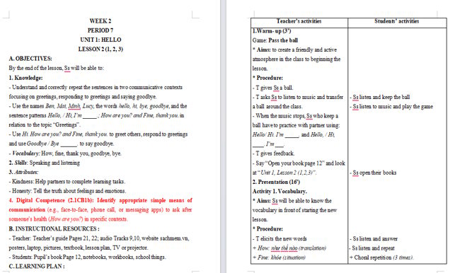 Giáo án tích hợp NLS Tiếng Anh 3 Unit 1: Lesson 2