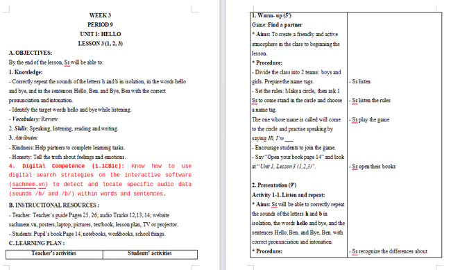 Giáo án tích hợp NLS Tiếng Anh 3 Unit 1: Lesson 3