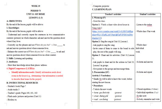 Giáo án tích hợp NLS Tiếng Anh 4 Unit 11: Lesson 1