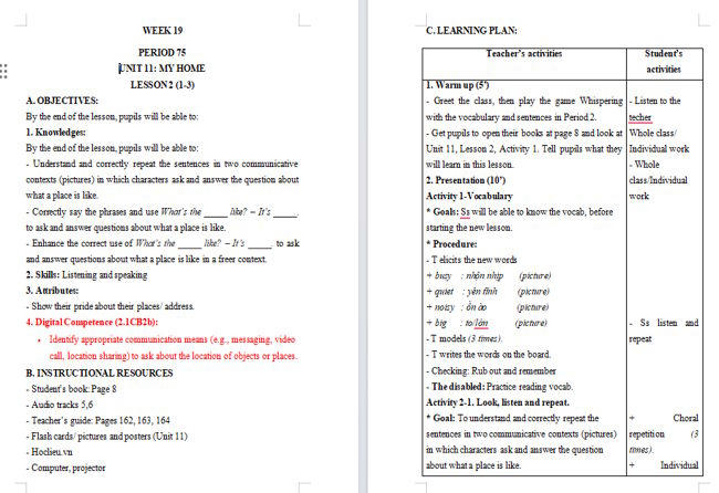 Giáo án tích hợp NLS Tiếng Anh 4 Unit 11: Lesson 2