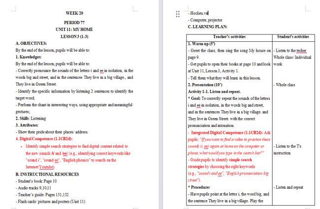 Giáo án tích hợp NLS Tiếng Anh 4 Unit 11: Lesson 3