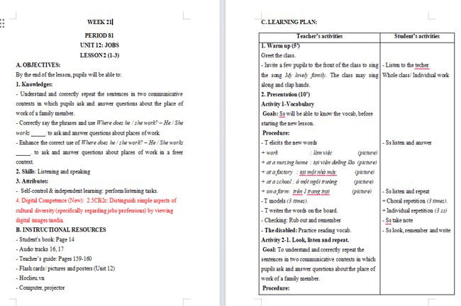 Giáo án tích hợp NLS Tiếng Anh 4 Unit 12: Lesson 2