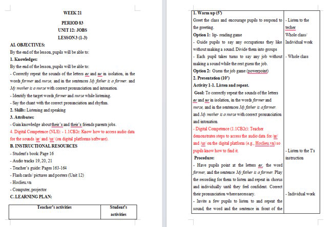 Giáo án tích hợp NLS Tiếng Anh 4 Unit 12: Lesson 3