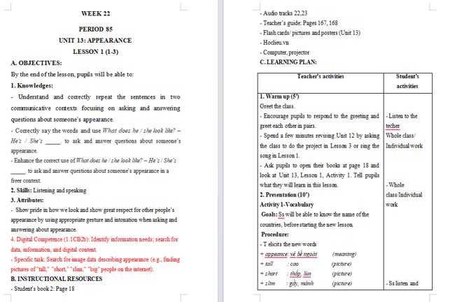 Giáo án tích hợp NLS Tiếng Anh 4 Unit 13: Lesson 1