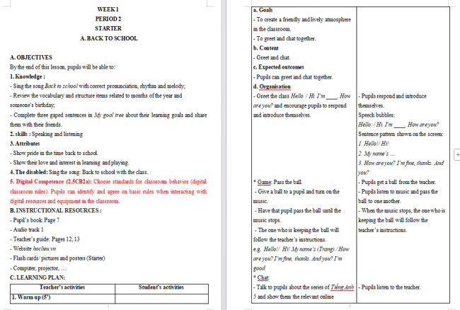Giáo án tích hợp NLS Tiếng Anh 5 Starter: Back to school